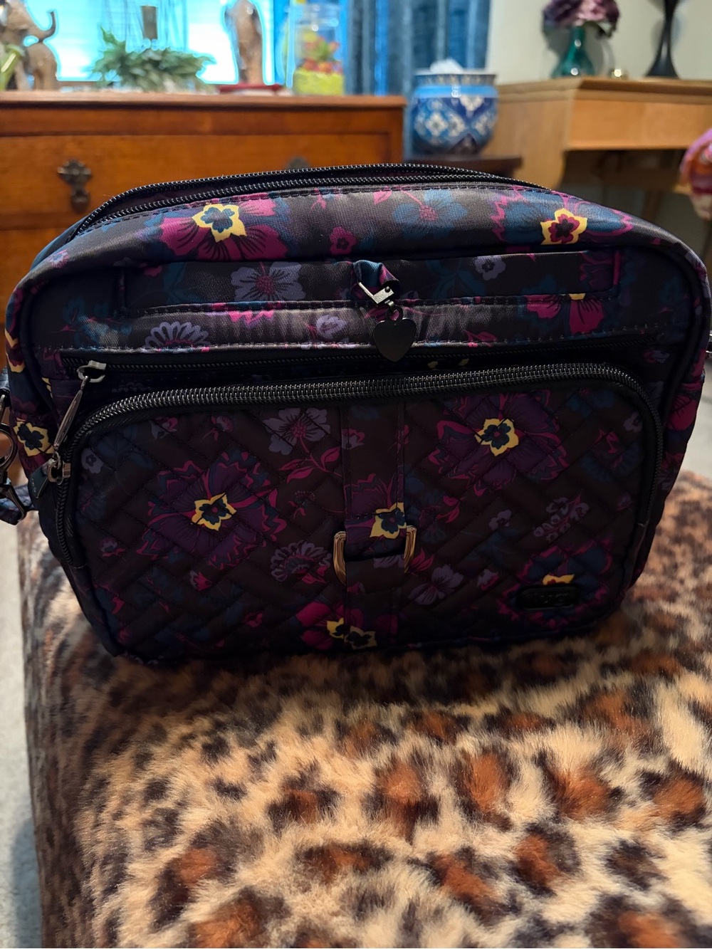 Lug Floral Crossbody Bag in Black and Purple. Carousel XL. Rare.